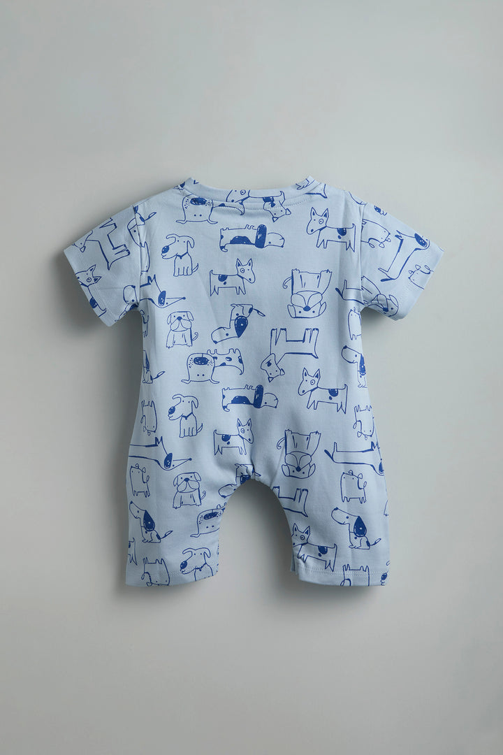 GOTS Certified Organic Cotton Romper for Babies | Blue dogs print