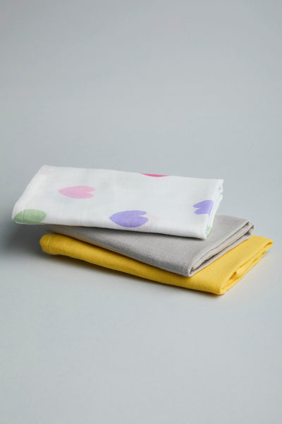 GOTS Certified Organic Muslin Baby Wash Cloth - Pack of 3 - Hearts/Solid Print
