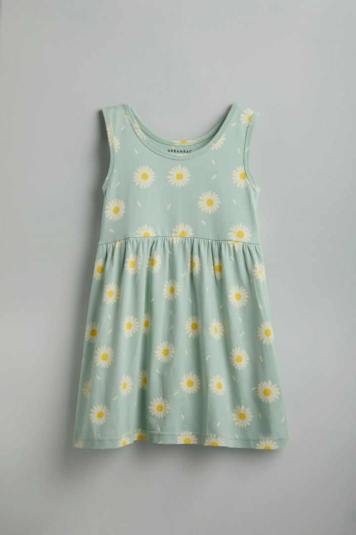 Pastel Aqua Green Floral Sleeveless Cotton Dress for Little Girls