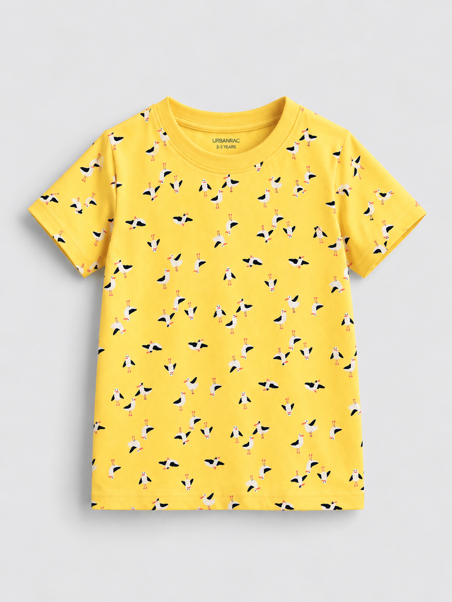 Yellow Seagull Print Cotton T-Shirt for Kids